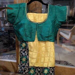 Emerald Green Silk-Blend Blouse + Yellow Embroidered Saree Set – Festive/Wedding